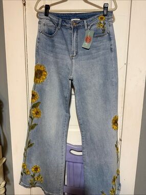 Oli & Hali Light Blue Flare Jeans with Yellow Sunflower Embroidery